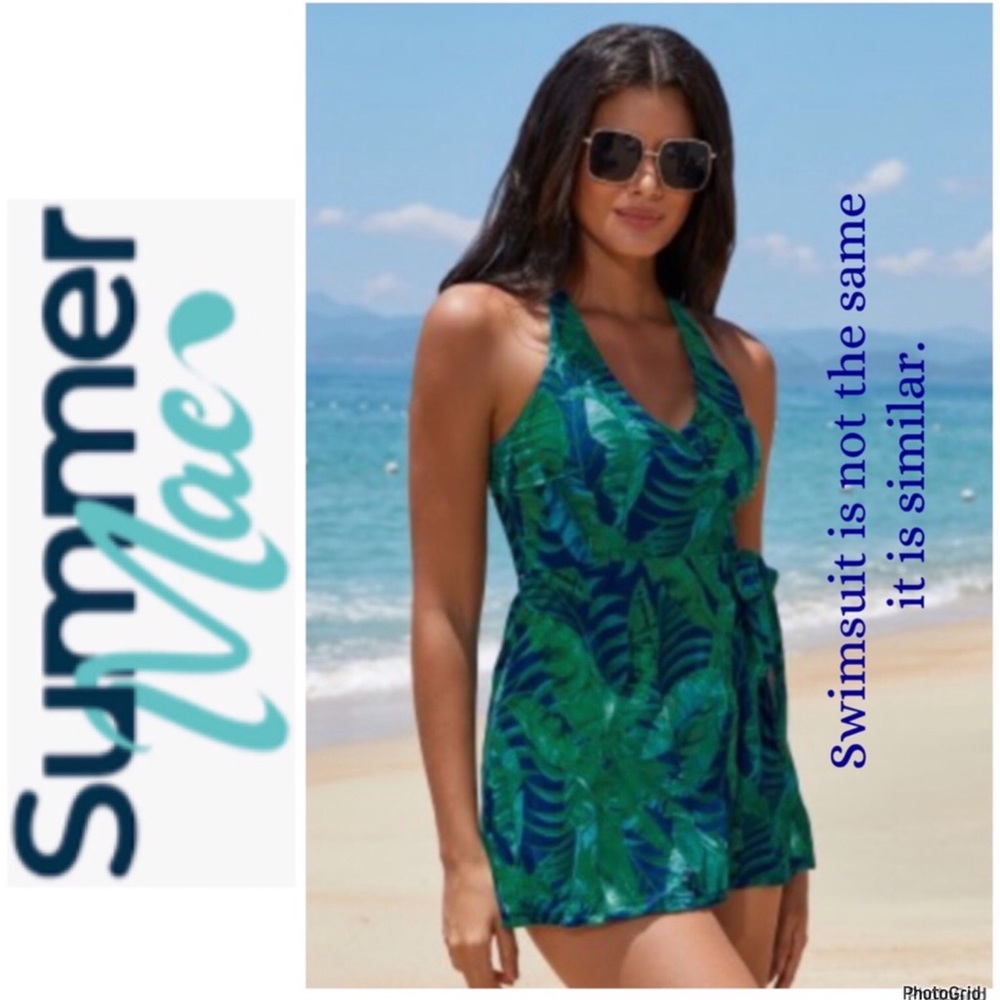 Summer Mae 3XL plus size green blue tropical one piece Swimdress NWT